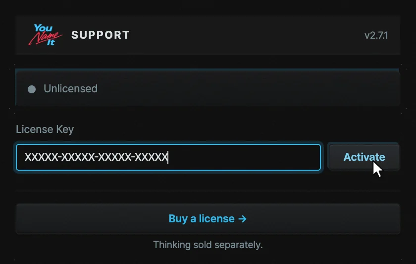 The Support panel with a key pasted into the License Key field and the pointer on Activate