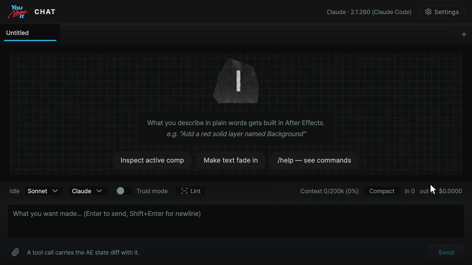 Chat panel — model picker, trust mode, lint