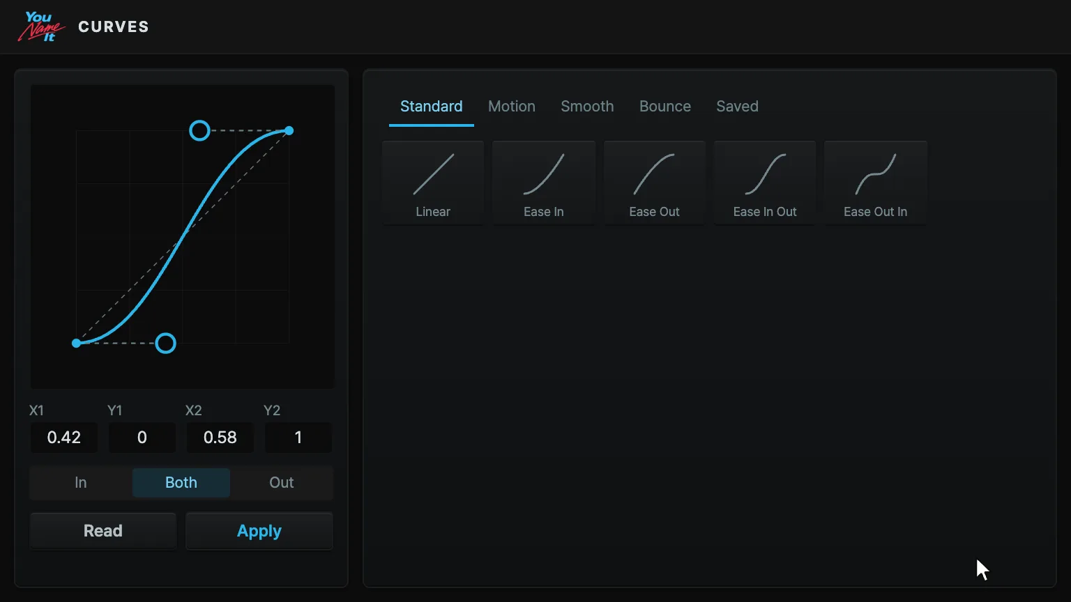 Curves panel — bezier easing editor