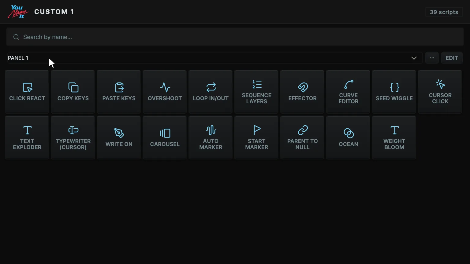 Custom 1 panel — two saved layouts, swapped from the dropdown