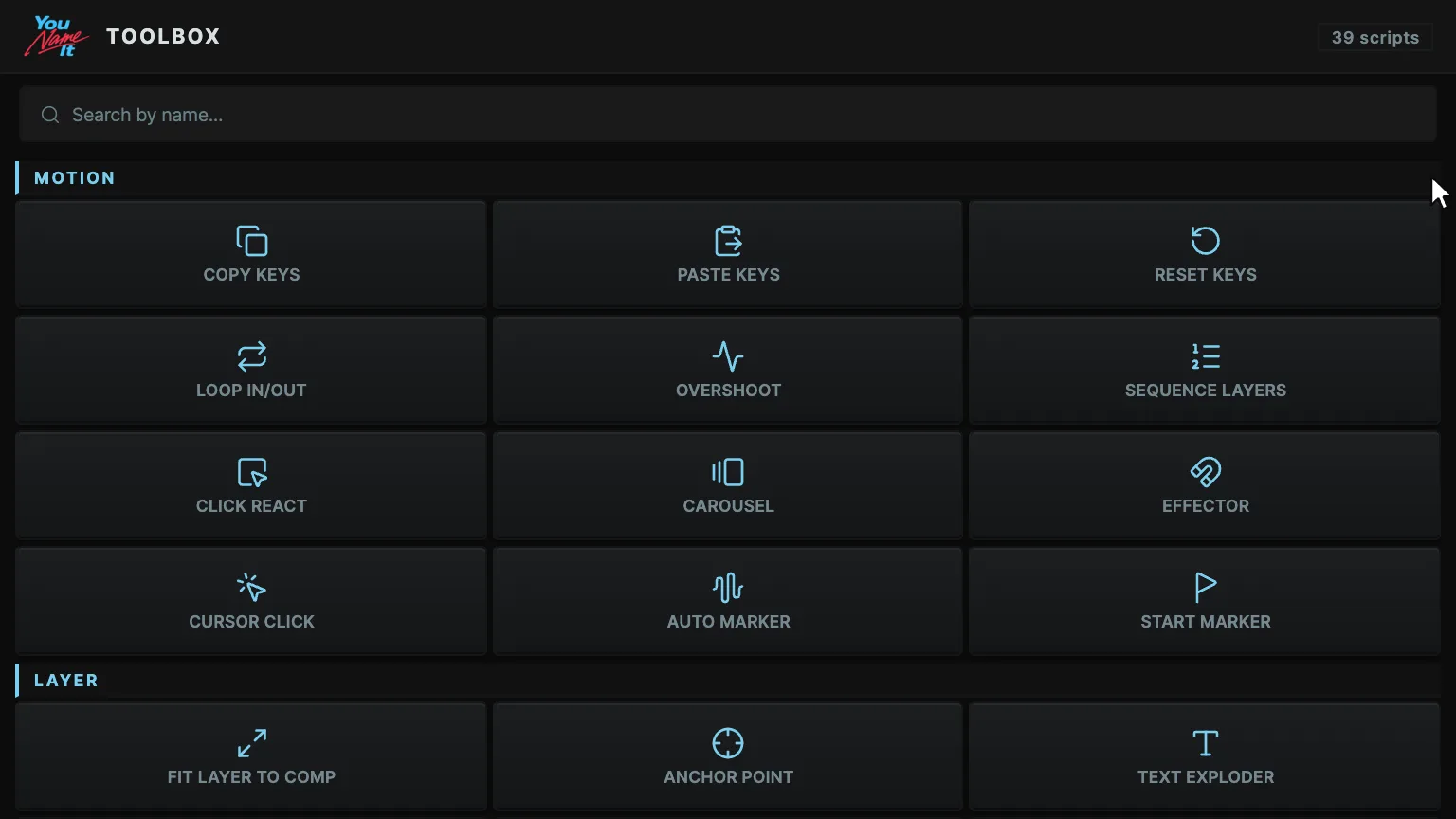 Toolbox panel — button previews on hover